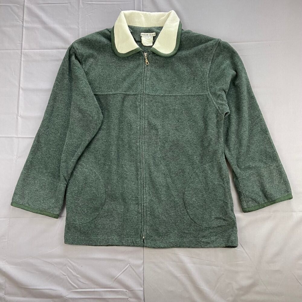 Jason Kole L Green Fleece Full Zip Jacket Contrast Collar Pockets Solid Long